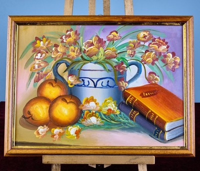 Vintage Painting Colourful Still Life Flowers, Apples & Books - Acrylic on Box