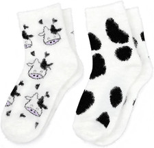 2 Pairs Cute Fuzzy Cow Socks, Cow Print Socks, Warm Thick Cozy Winter Slipper So