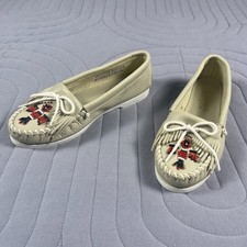 Minnetonka Thunderbird Beaded Moccasins Womens 6.5 Beige White Leather 171