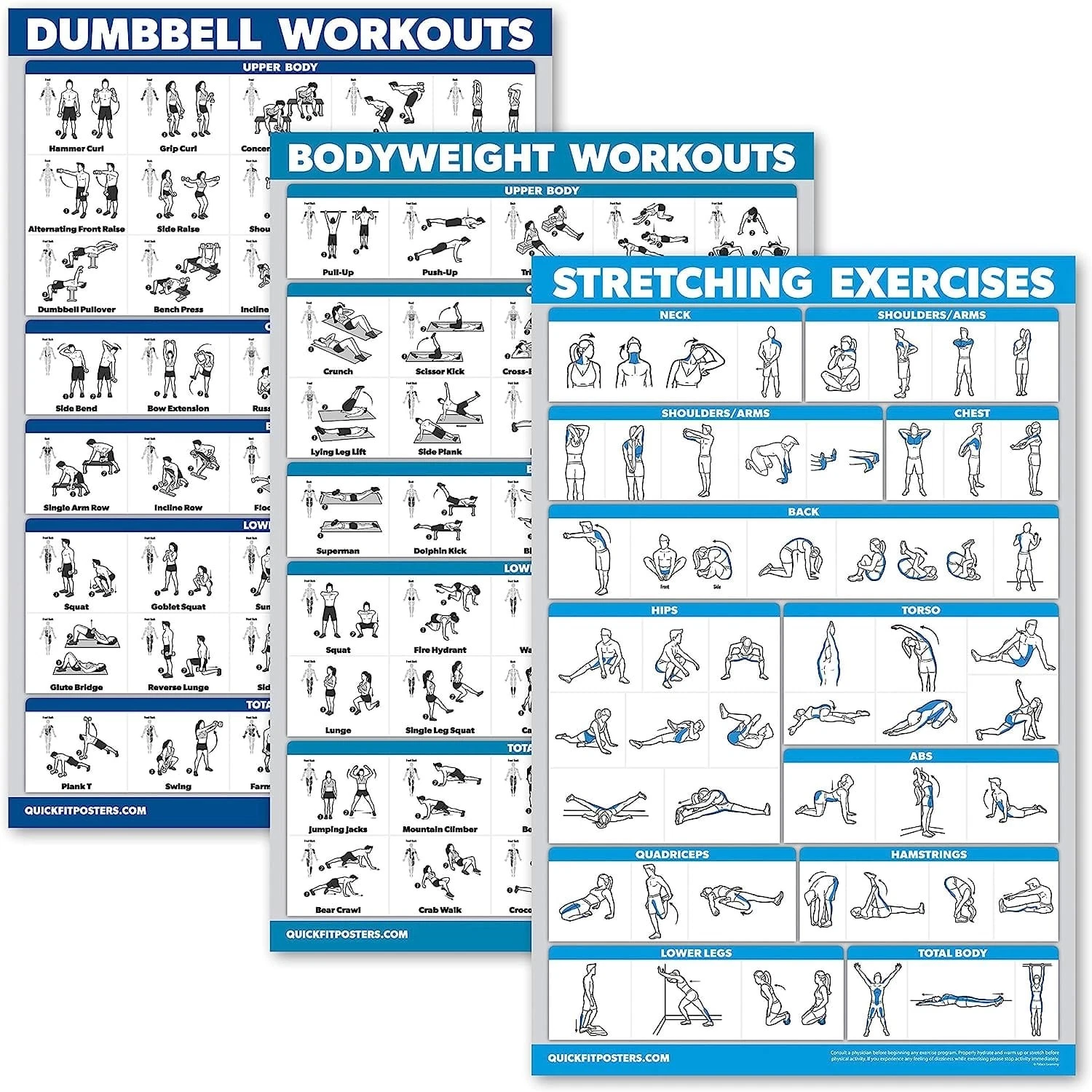 3 Pack - Dumbbell Workouts Bodyweight Stretching Poster