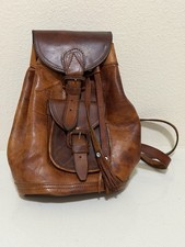 Brown Leather Drawstring Backpack Purse Tassel Buckle Flap Shoulder Straps Boho