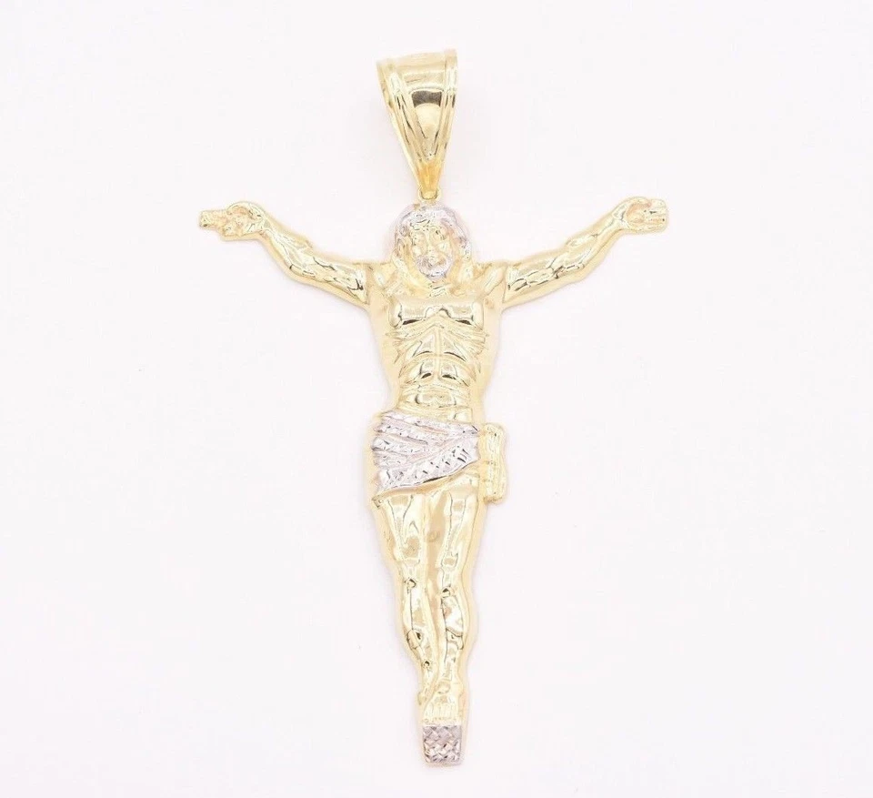 Pingente masculino de ouro branco amarelo 10K 3 3/4" corte diamante crucifixo corpo de Jesus - Imagem 2 de 4