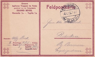 WW1 - Field Postcard - Advertising Ink Factory Beyer Chemnitz Teplitz - 1915