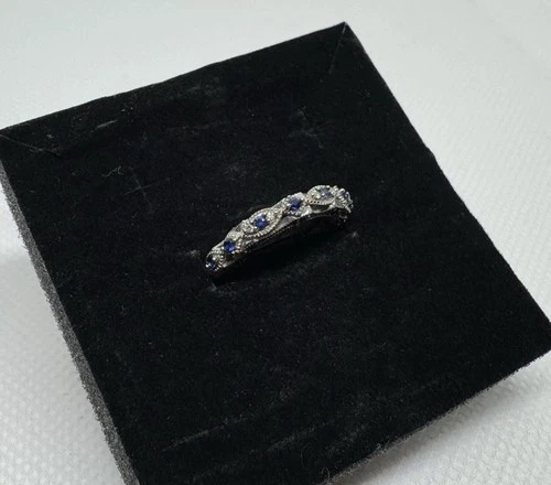 10k White Gold Three Sided Sapphire & Diamond Anniversary Band Size 5.25 Ring