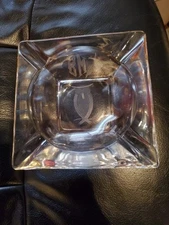 Chrystal BM Ashtray Etched BM + OWL +FEATHER  NEARLY 6inches Square  HEAVY