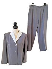 KASPER ASL 2 Piece Pantsuit Gray Ivory and White 14P - Excellent