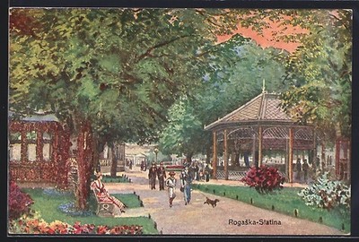 Künstler-AK Rogaska-Slatina, Flaneure im Park 