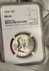 1958 Ben Franklin Half Dollar NGC MS64 90%  Silver - .999%-12.5grams