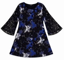 EST. 1946 Women’s L Blue Black Floral Lace Bell Sleeve Dress Pockets 34”