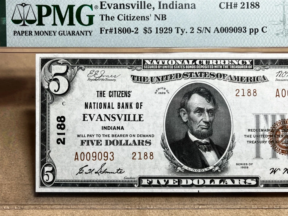 $5 1929 Evansville Indiana IN National Currency Bank Note Bill 2188 UNC65EPQ PMG - Image 3 of 4