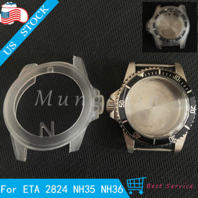 Steel Watch Case Bubble Crystal & Black Bezel 39.5mm Fit 2824 NH35 NH36 Movement