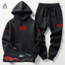 Black 23 Hoodie Joggers Men's Black Red Tracksuit To Match Air Jordan 13 Bred