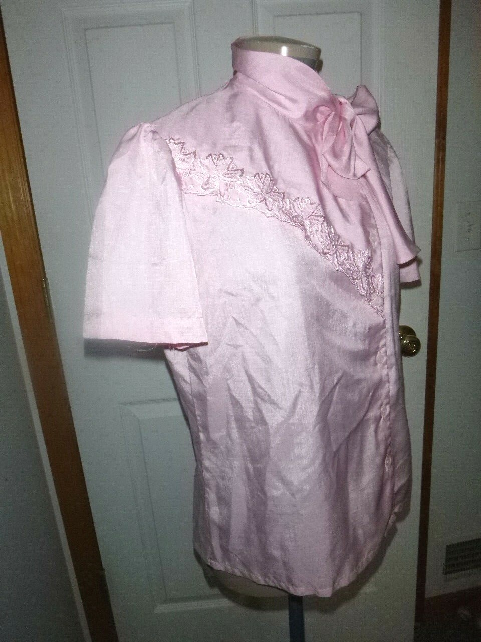 Vintage Silky Pink Judy Bond Blouse Embroidery Pussyb… Gem