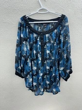 Womens AGB Blue Black Floral Sheer Henley Blouse Plus Size 3X