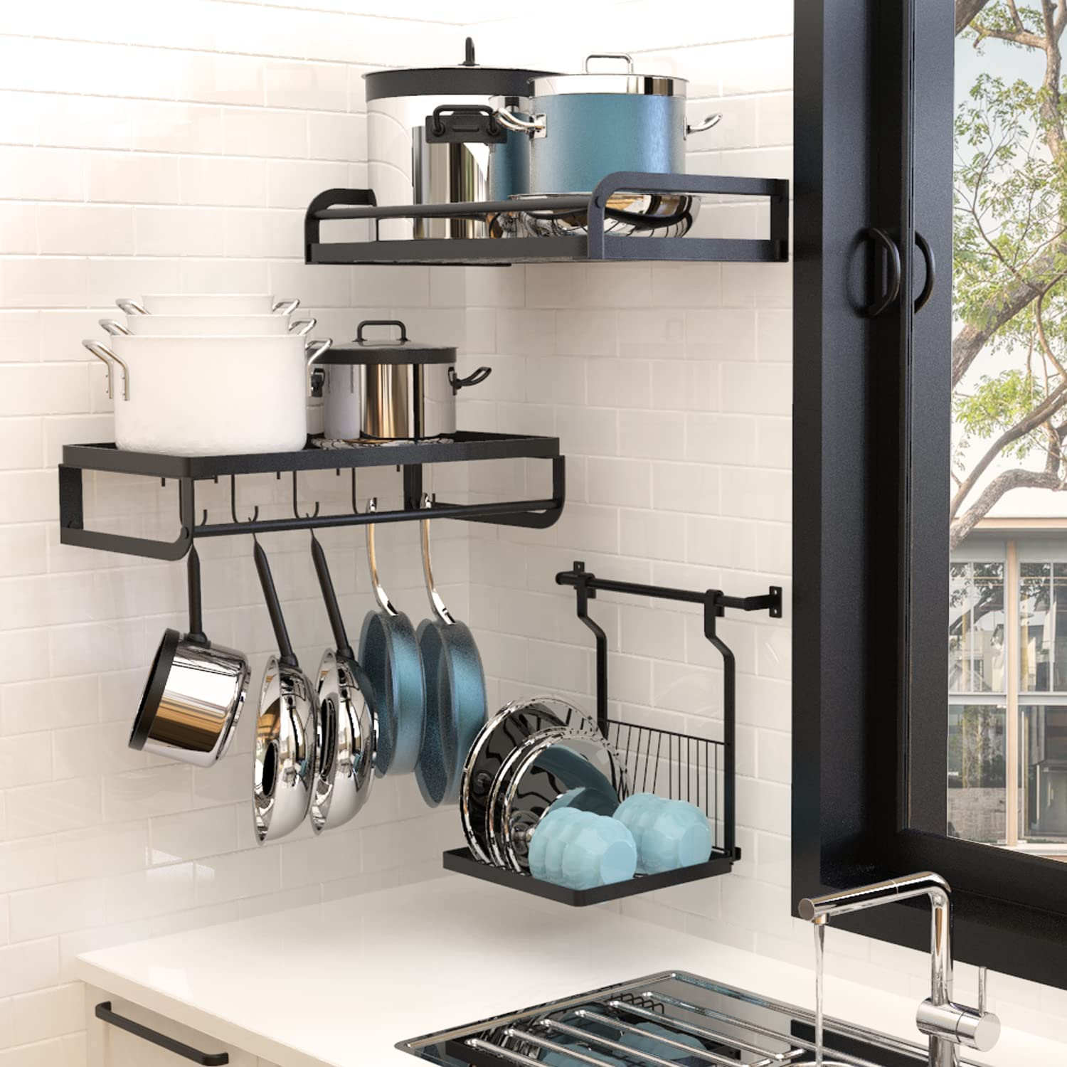 Hanging Kitchen Organizer Pot Pan Holder Wall Mount Dish Rack Utensil