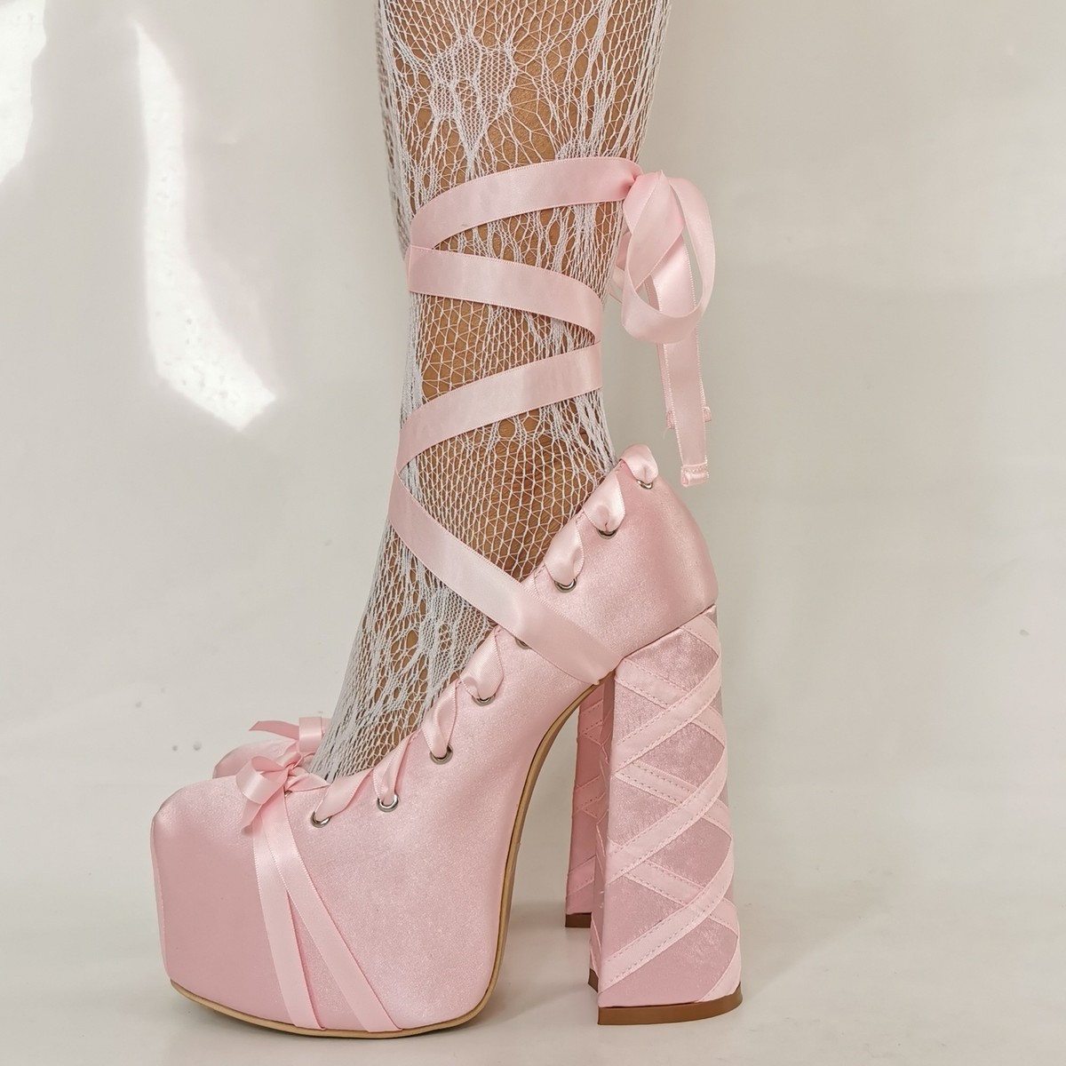 Womens Lolita High Chunky Heels Pink Sweet Lace Up Strap Platform