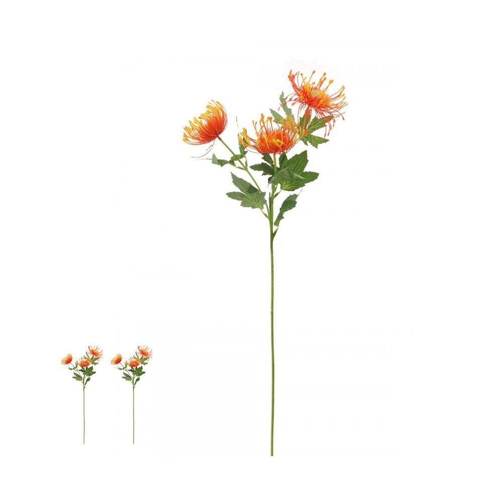 Artificial Protea Flower Stem With Leaves 65cm/25in Tall Pack of 3 Orange