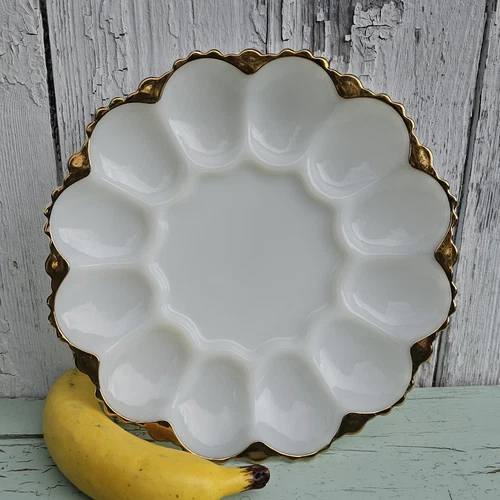Vintage Indiana Glass Gold Leaf Trimmed White Milk Glass 10" Diameter Egg Tray