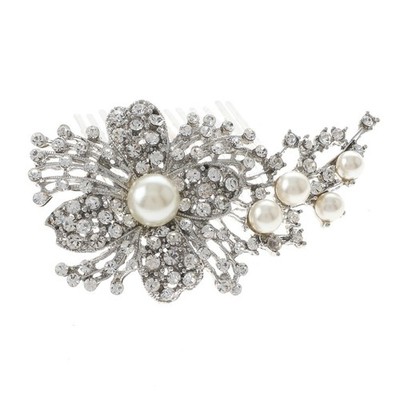 Silver Tone Metal Hair Comb With Clear Rhinestone HA102175-SWT