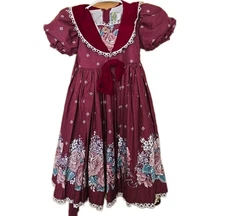 Vintage Daisy Kingdom Dress Girls Size 4X Maroon Floral Velvet Collar Lace Rare