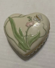 Lenox Heart Shaped Treasure Keeper w Pink Flower & Butterfly