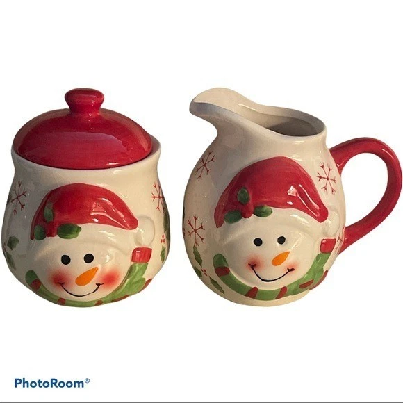 Juego de azúcar y crema de cerámica muñeco de nieve de 3 ~ piezas con soporte para medias a juego 4 "x 5" Foto 2 de 4