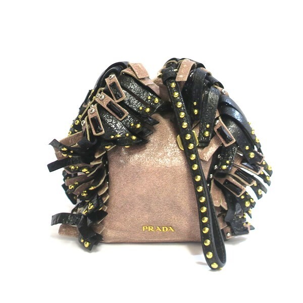 PRADA Fringe Bijou Studs Leather Drawstring Handbag Cracked Finish   Used AB