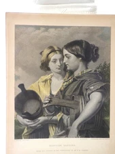 Antique Vintage Etching On Paper Circa 1850 "Scottish Lassies" Unframed 