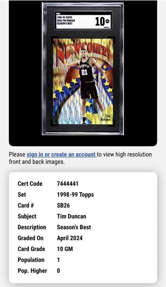 1998-99 Topps Chrome Season's Best Newcomers Tim Duncan #SB26 Refractor SGC 10 - Image 3 of 3