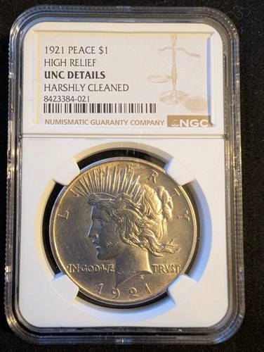 1921 $1 High Relief Peace Dollar, Graded, UNC Detail