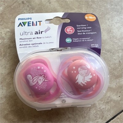 Philips AVENT Ultra Air Pacifier 2 Pack Pink Unicorns 6-18M BPA-Free Case