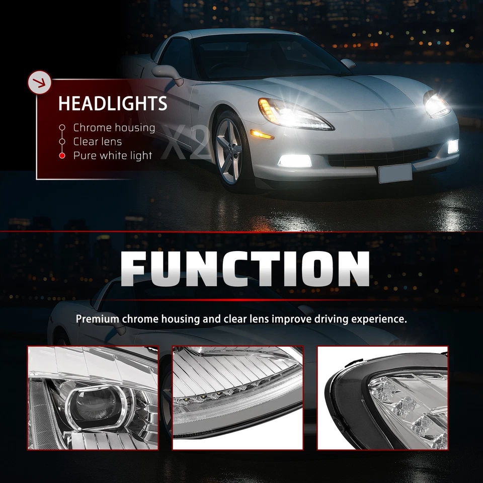For Chevrolet Corvette C6 05-13 LED Pair Headlights Sequential LH&RH Side Chrome Foto 4 de 4