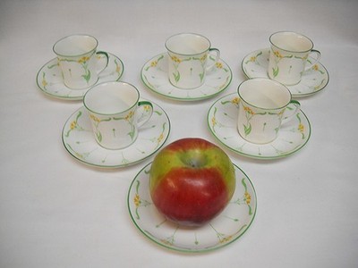 5 FOLEY PEACOCK POTTERY DEMITASSE CUPS/SAUCERS-1905-1913-GLASGOW SCHOOL-VG