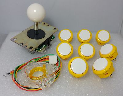 Set of 8 pcs Japan Sanwa Mix Yellow White Buttons & White Joystick & GT-Y Parts
