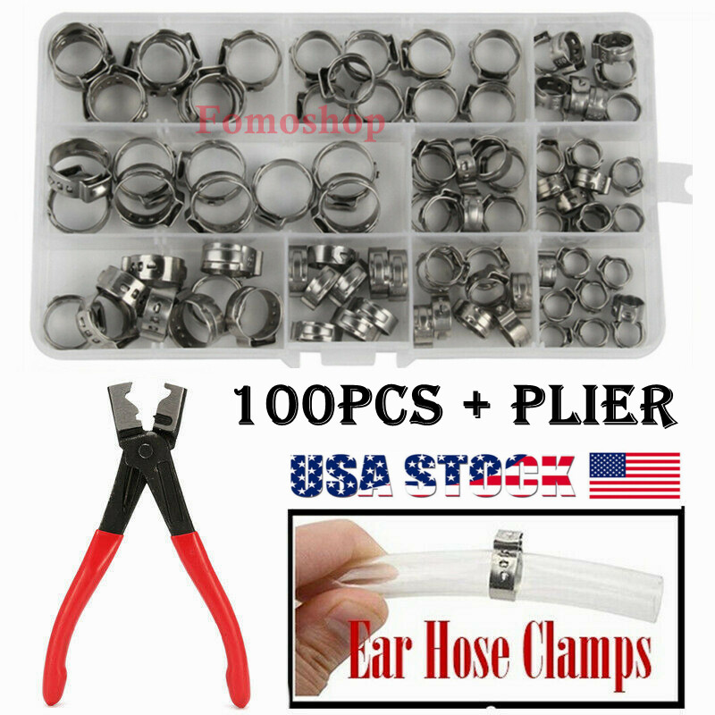 100PCS Assorted Stainless Steel Ear Cinch Ring Hose Clamps Crimp Pinch Plier Set