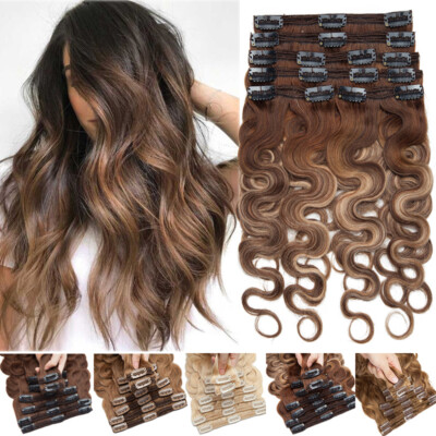 Balayage Thick DOUBLE WEFTS Clip In Human Remy Hair Extensions Full Head WAVY US