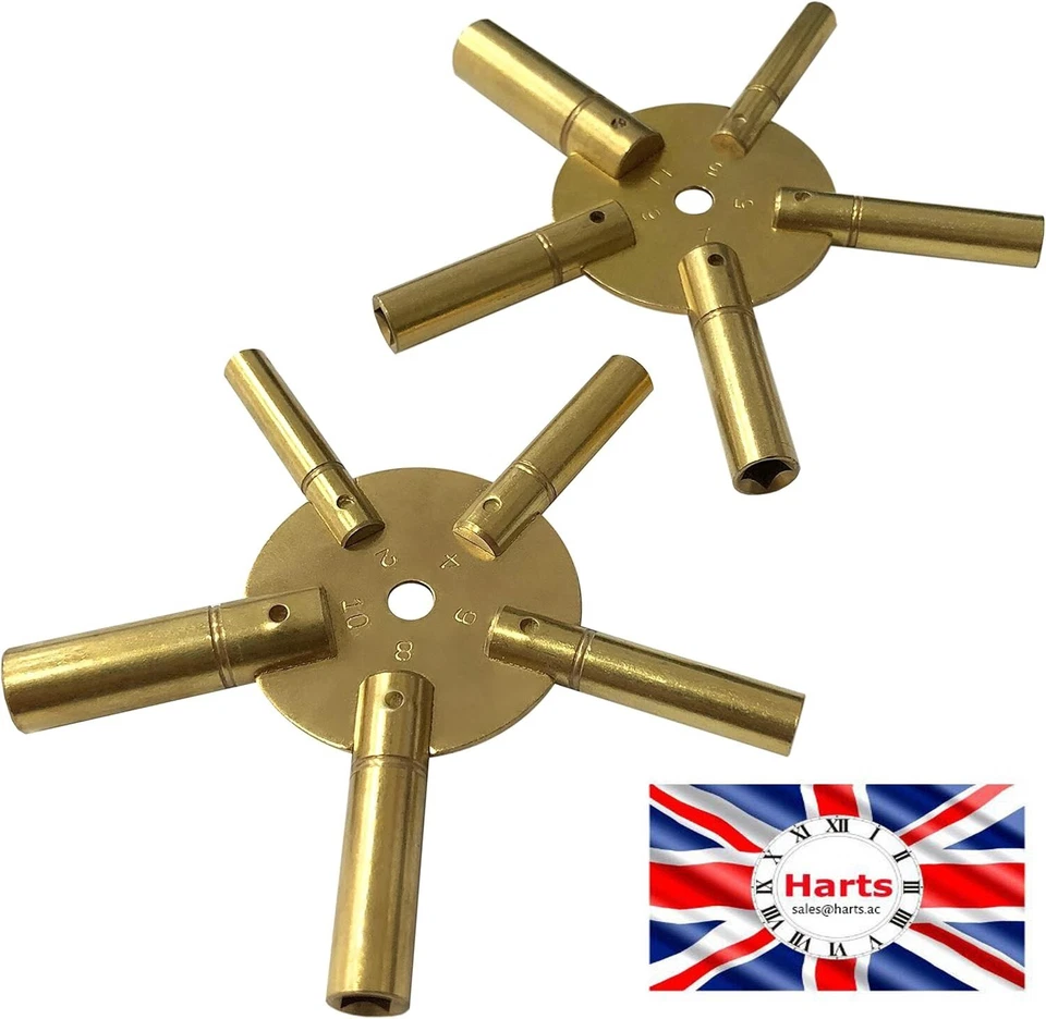 HARTS SET OF 2 CLOCK WINDING KEYS - ALL SIZES BRASS SPIDER STAR PAIR - ODD AND EVEN