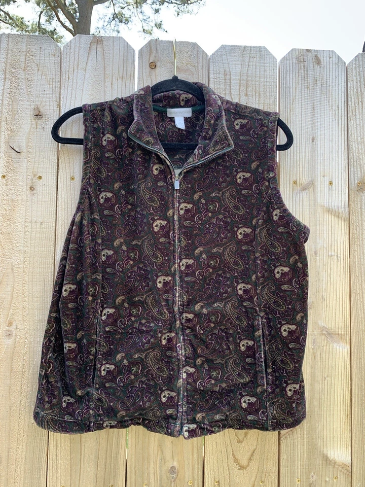 Women's Quilted Velour Vest large Charter Club green purple zip up paisley - Image 3 of 4