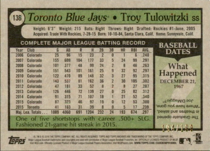Troy Tulowitzki 2016 Topps Archives Blue Border #136 /199 Blue Jays Parallel MLB - Image 2 of 2