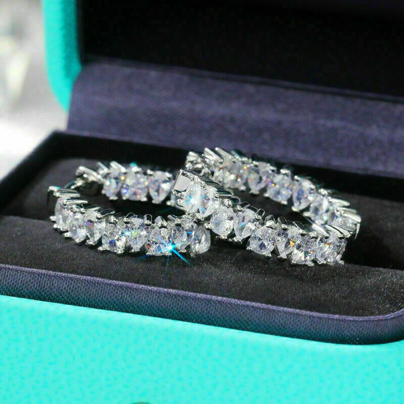 14K White Gold Plated 3 Carat Pear Cut Certified Moissanite Huggie Hoop Earrings - Image 2 of 4