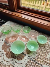 Stacy Marie glass childs nesting bowls, 3 sets, jadeite, dep pink, dep green