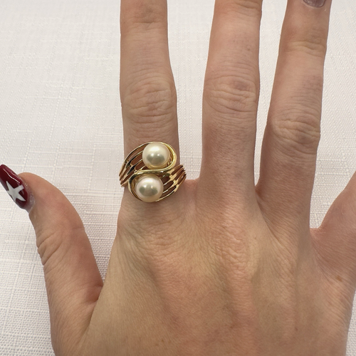 Vintage 14k Gold Cultured Pearl Toi Et Moi Openwork Modernist Wave Ring Size 9 - Picture 13 of 13