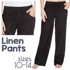Womens Linen Trousers Wide Leg Fit Summer Pants Drawstring 2 Pockets Black 10-14