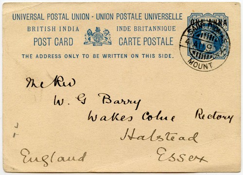 INDIA 1897 SAINT THOMAS MOUNT QV STATIONERY to REV.BARRY HALSTEAD GB +MUSIC CODE - Picture 2 of 3
