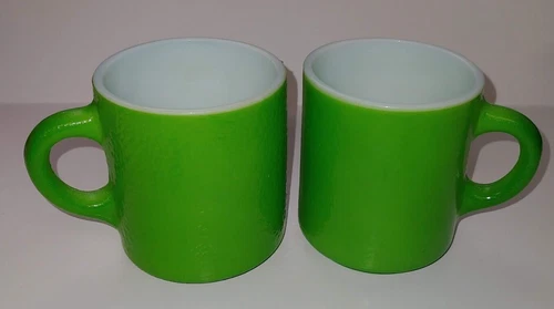 Vintage Hazel Atlas Orange Peel Texture Painted Milk Glass Cup Mug - Green 2 Lot