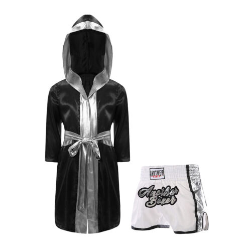 Boys Girls Boxing Costume Shiny Satin Belted Robe Hooded Cloak with Shorts Set - Picture 28 of 31