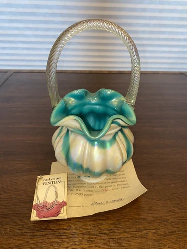 VTG FENTON Teal & White Swirl Iridescent LTD ED #110/2500 Art Glass Basket 8.75"