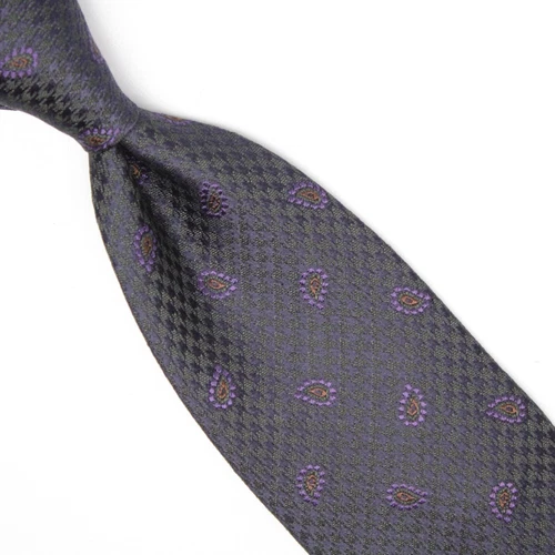 Josiah France Mens Wool Silk Necktie Gray Houndstooth Purple Paisley Woven Tie