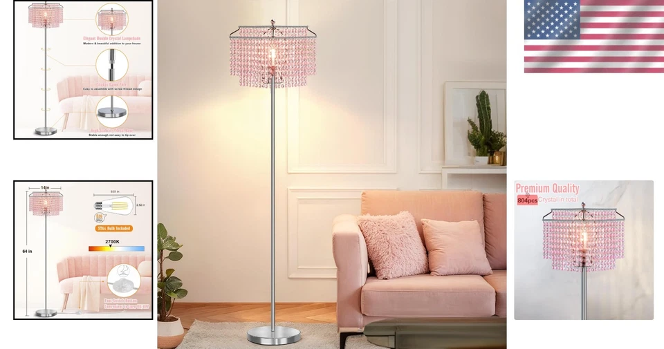 Stylish Pink Crystal Standing Lamp - Double-Layer Elegance for Any Room - Image 2 of 4