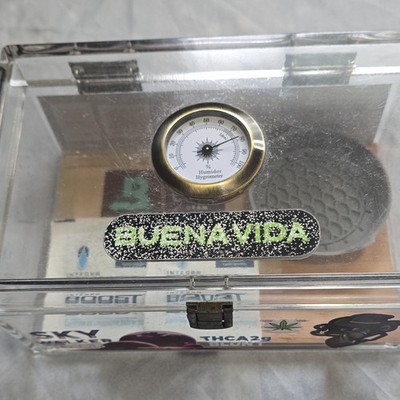 BUENA VIDA Clear Acrylic Humidor Box w/ Hygrometer, Tray, Tube, 62% Packs